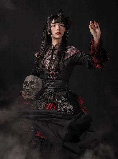 チャイナロリータゴゴシックケープ+ロングジャケット+キャミソール+スカート+ウエストバンド