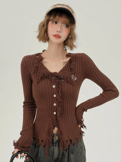 スリムアメリカンタッセルレトロカーディガンブレストシングル