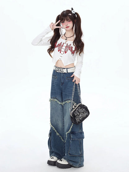 Big Wide Denim Pants Heart Loose