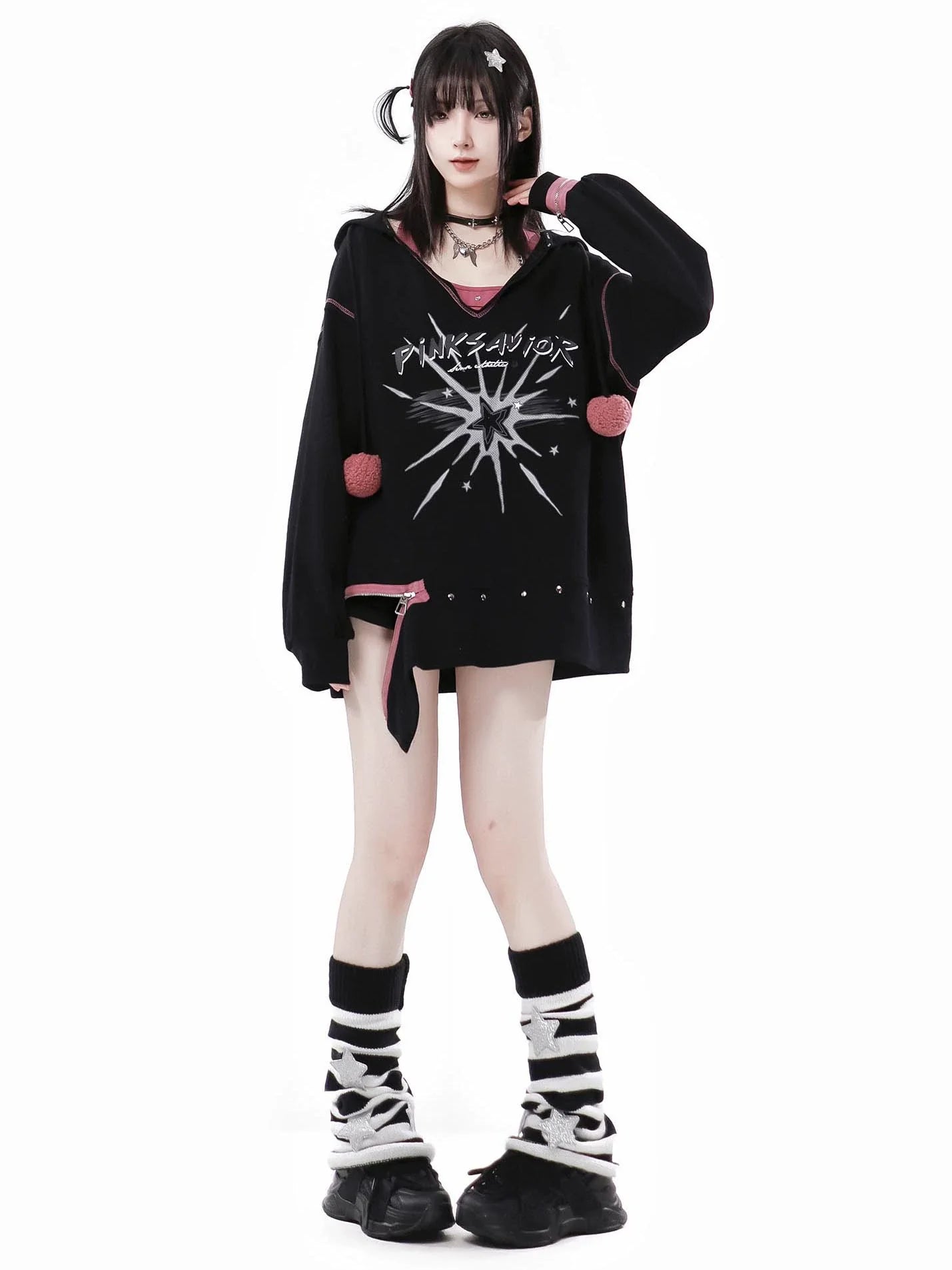 Fur Ball Zip Slit V-Neck Hoodie + Halter Neck Cami Top