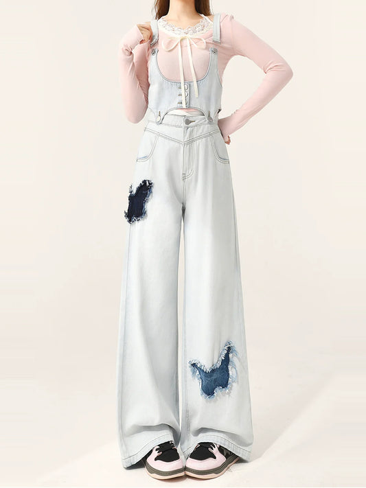 Loose Vest Jeans Denim Overalls Denim Butterfly + Patch