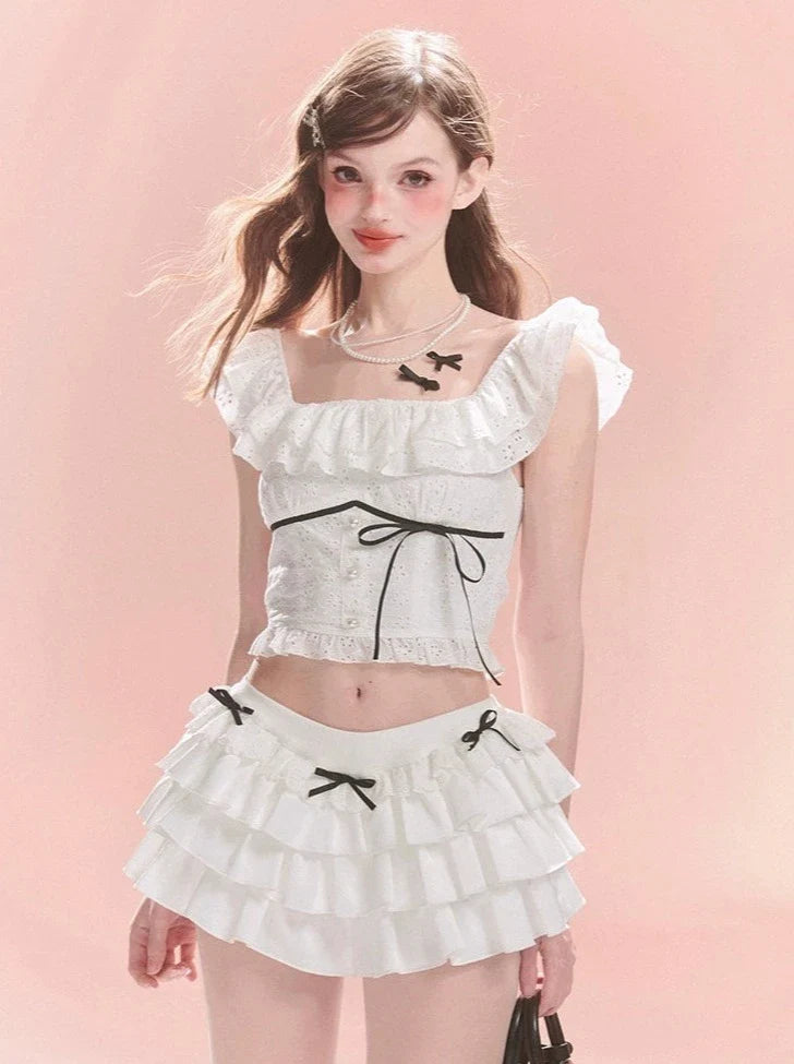 Rüschenoberteile Spitzenhals Quadrat