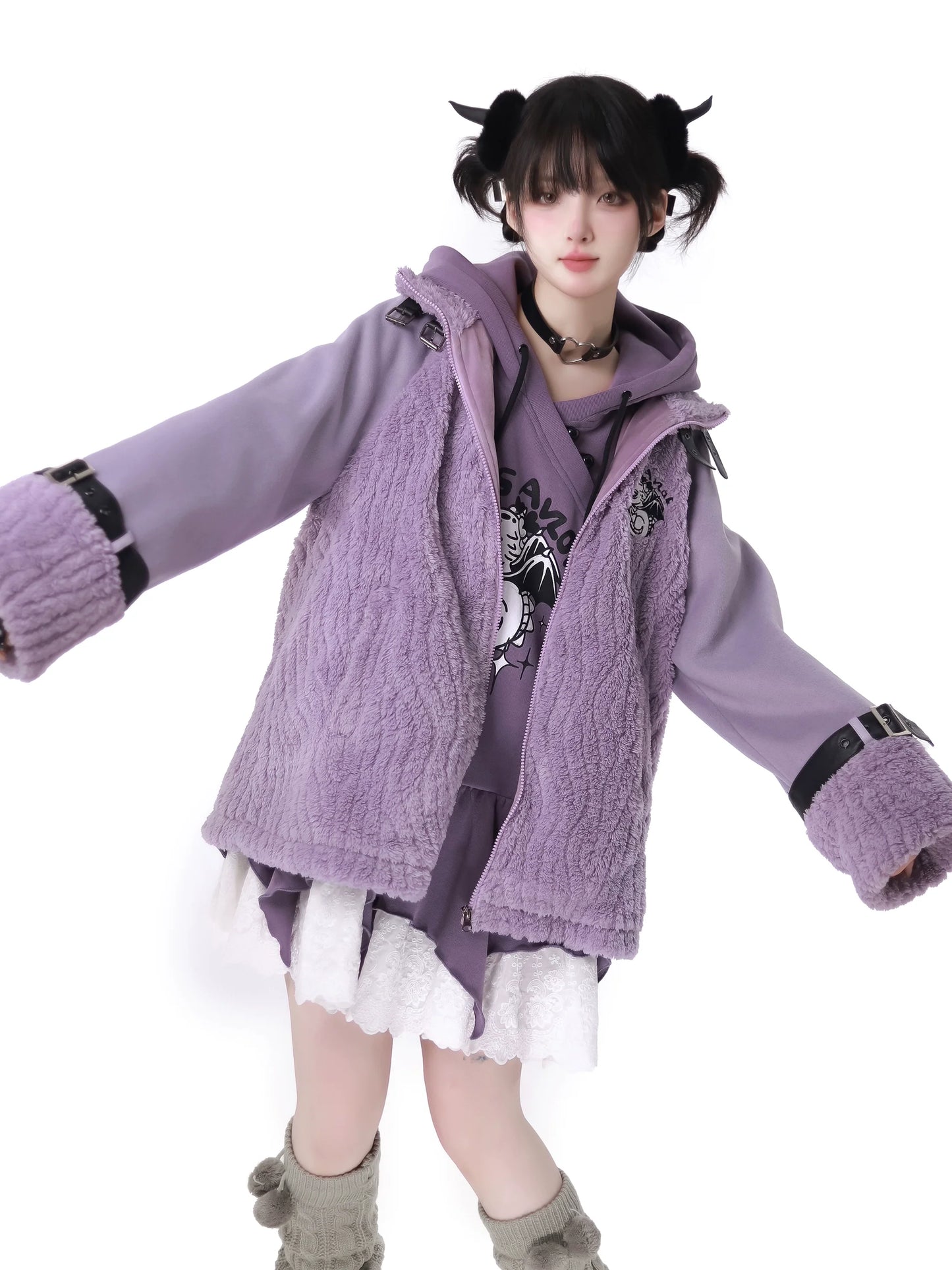 Purple Air Dragon Embroy Dary Plash Jacket + Hood Print Sweat Dress