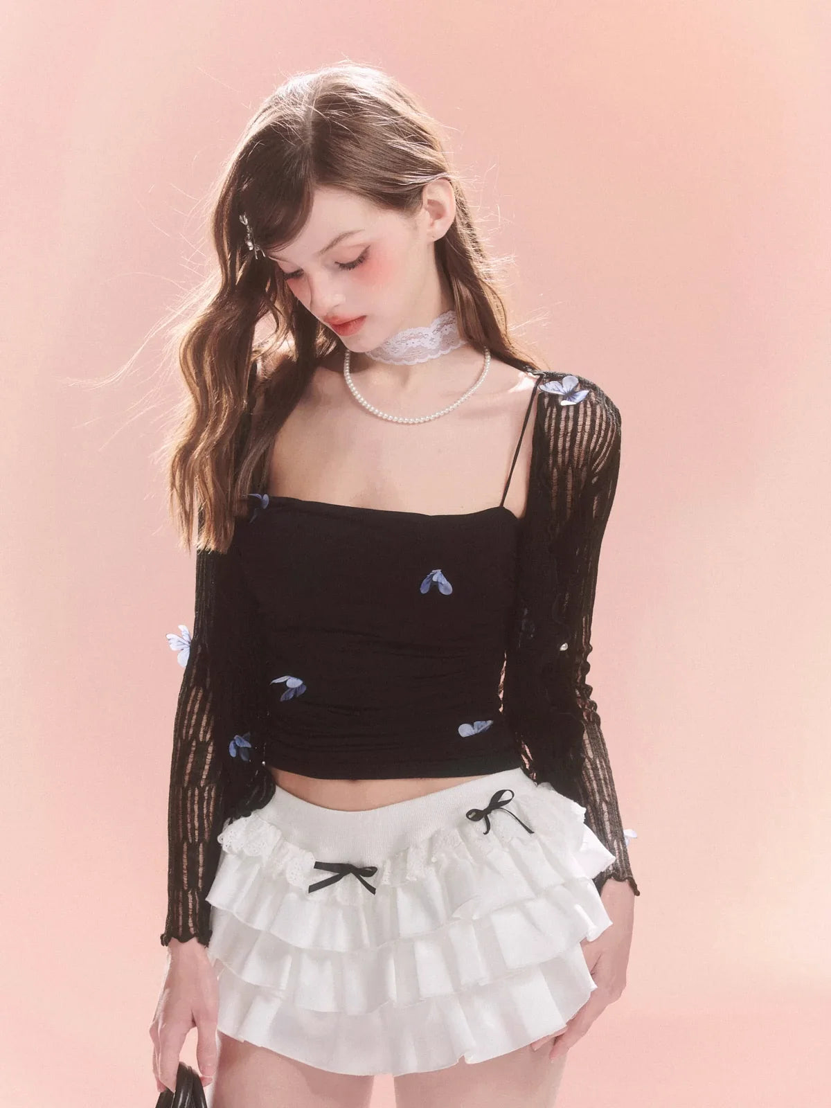 サマー + ブルーカーディガン シアーフラワーキャミソール