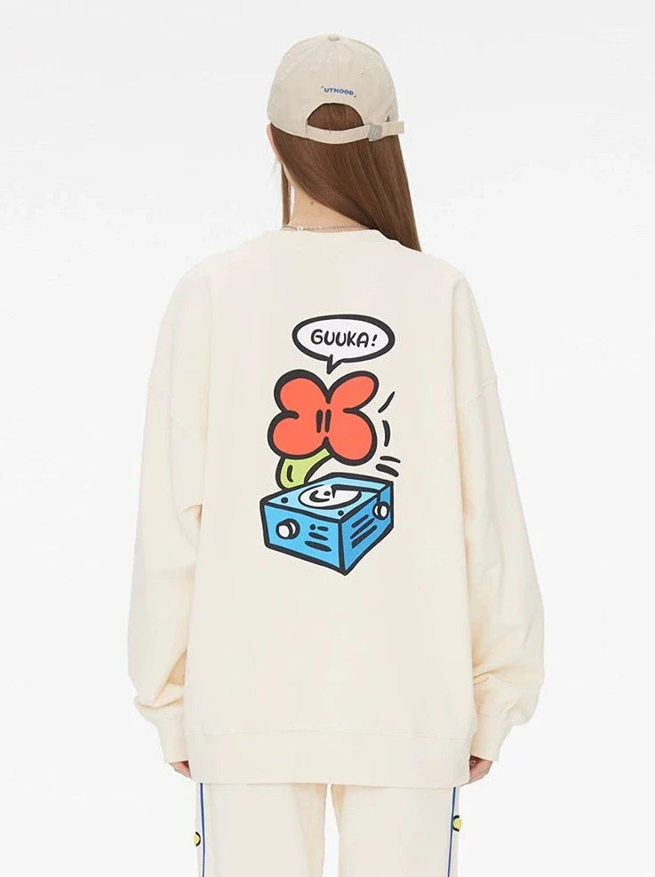 Neck Side Design Round Cream Sweatshirt Yellow + Pants