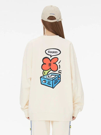 Neck Side Design Round Cream Sweatshirt Yellow + Pants
