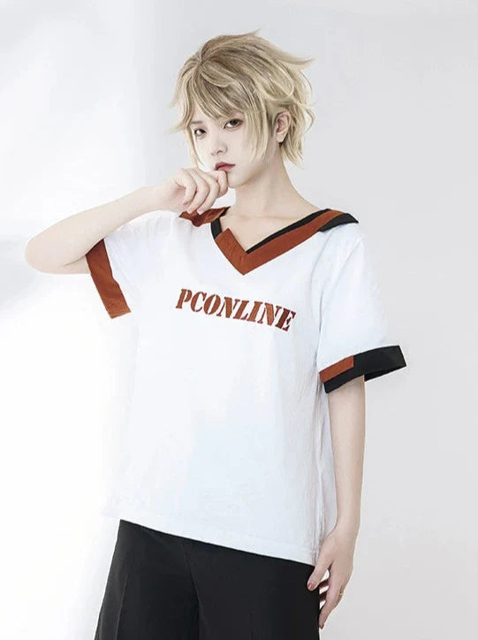 Shorts T-Shirt White Embroidery Summer V-Neck