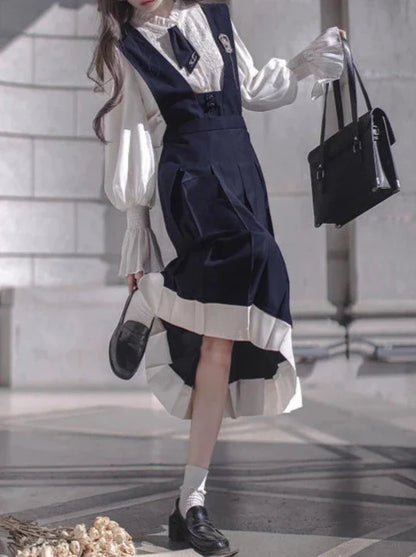 Stil Baskenmütze + Emblem Elegante Rüsche + College Chiffon Kleid + Bluse Krawatte Retro Cyan