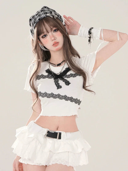 Ribbon Frill Lace T-Shirt Slim Short
