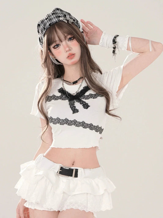 リボンフリルレースTシャツ スリムショート