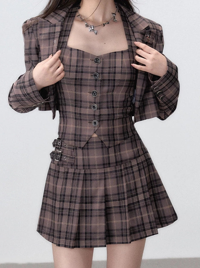 Retro Suit Piece Sleep Style Skirt Pleated Jacket College Vest