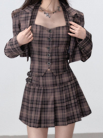 Retro Suit Piece Sleep Style Skirt Pleated Jacket College Vest