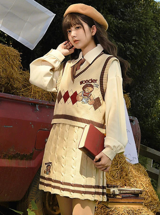 College-Strick-Karo-Zopfmuster-Anzugrock-Weste-Strick-Retro-Stil + Diamant-V-Ausschnitt