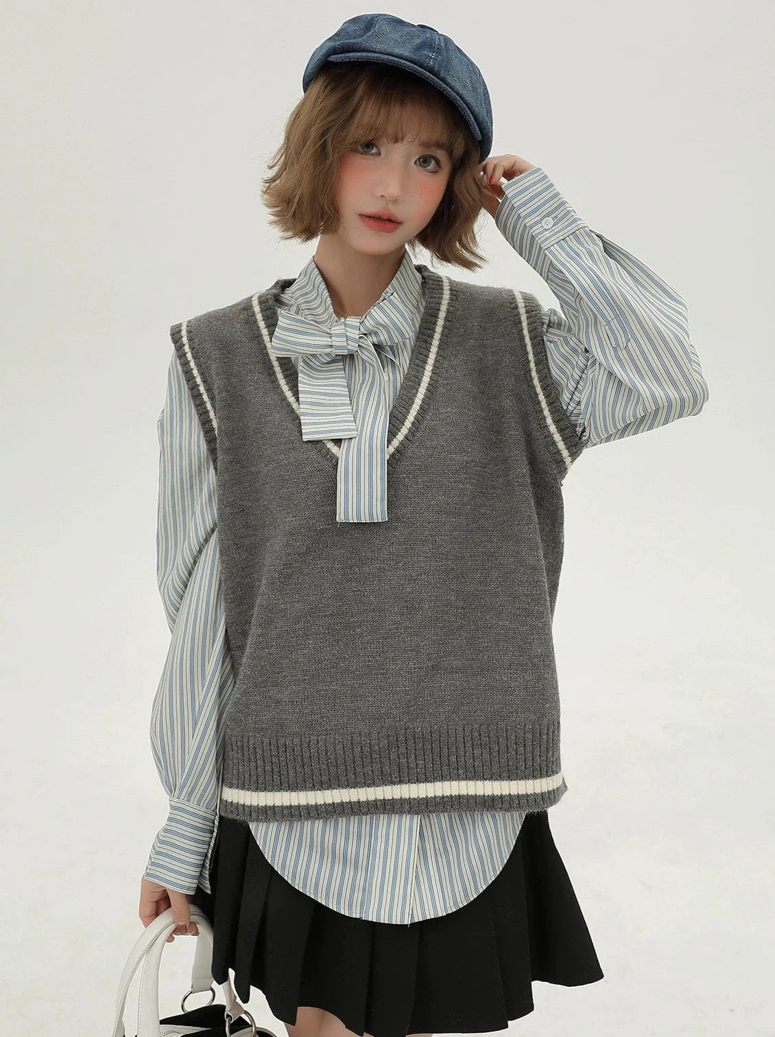 Style Korean Vest + Striped V-neck Shirt