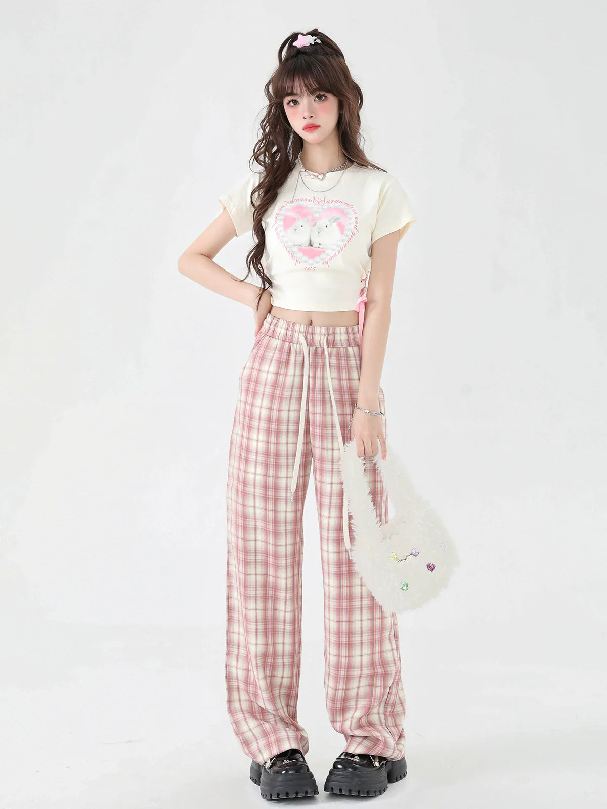 パンツ カジュアル チェック ピンク