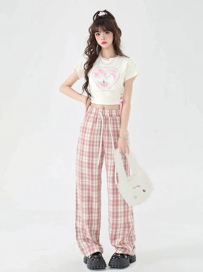 パンツ カジュアル チェック ピンク