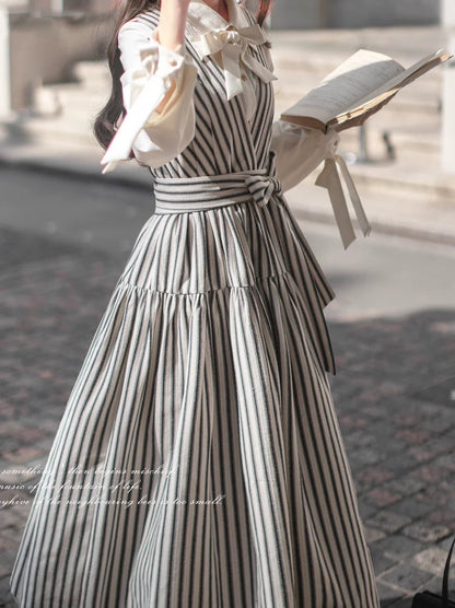 Kleid Ribbon Ribbon Shirt Retro French V-Ausschnitt gestreift