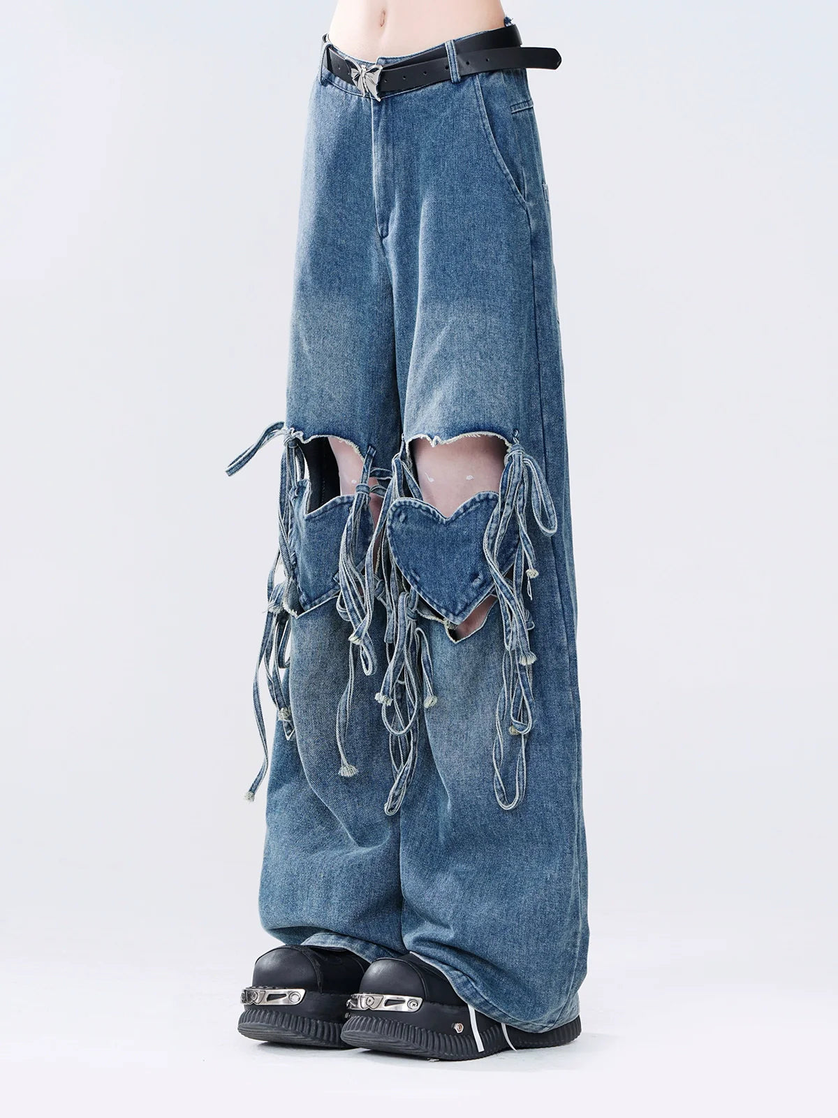 Hot Ripped Denim Rolled Loose Love Stripe