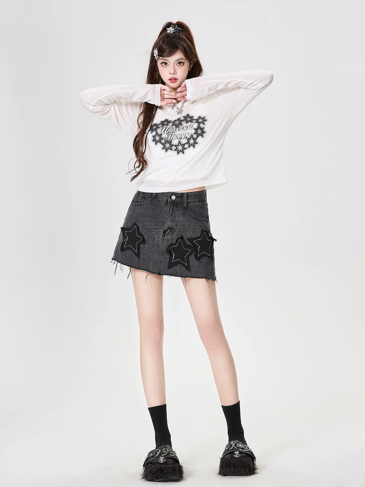 Hoodie Langes Print Top T Star Sheer