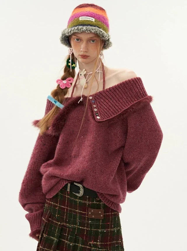 Knit Button Sweater One-shoulder