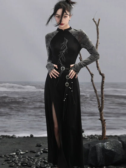 チャイナスリットバイカラードレス