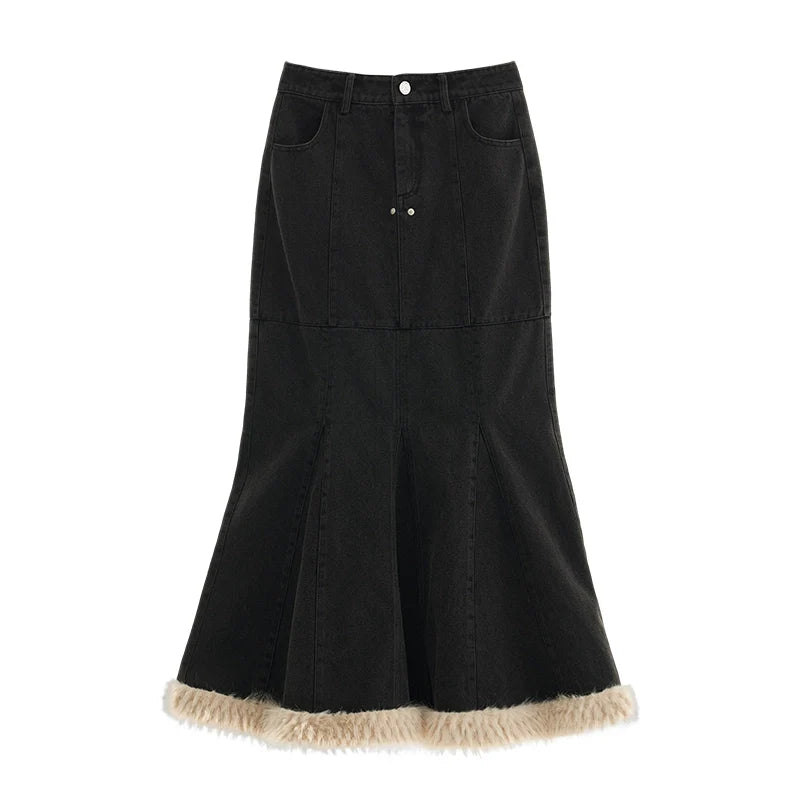 Mermaid Long Denim Fur Skirt
