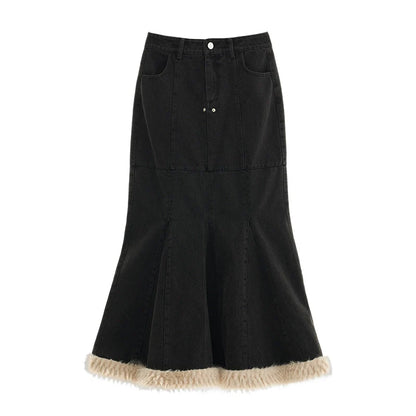 Mermaid Long Denim Fur Skirt