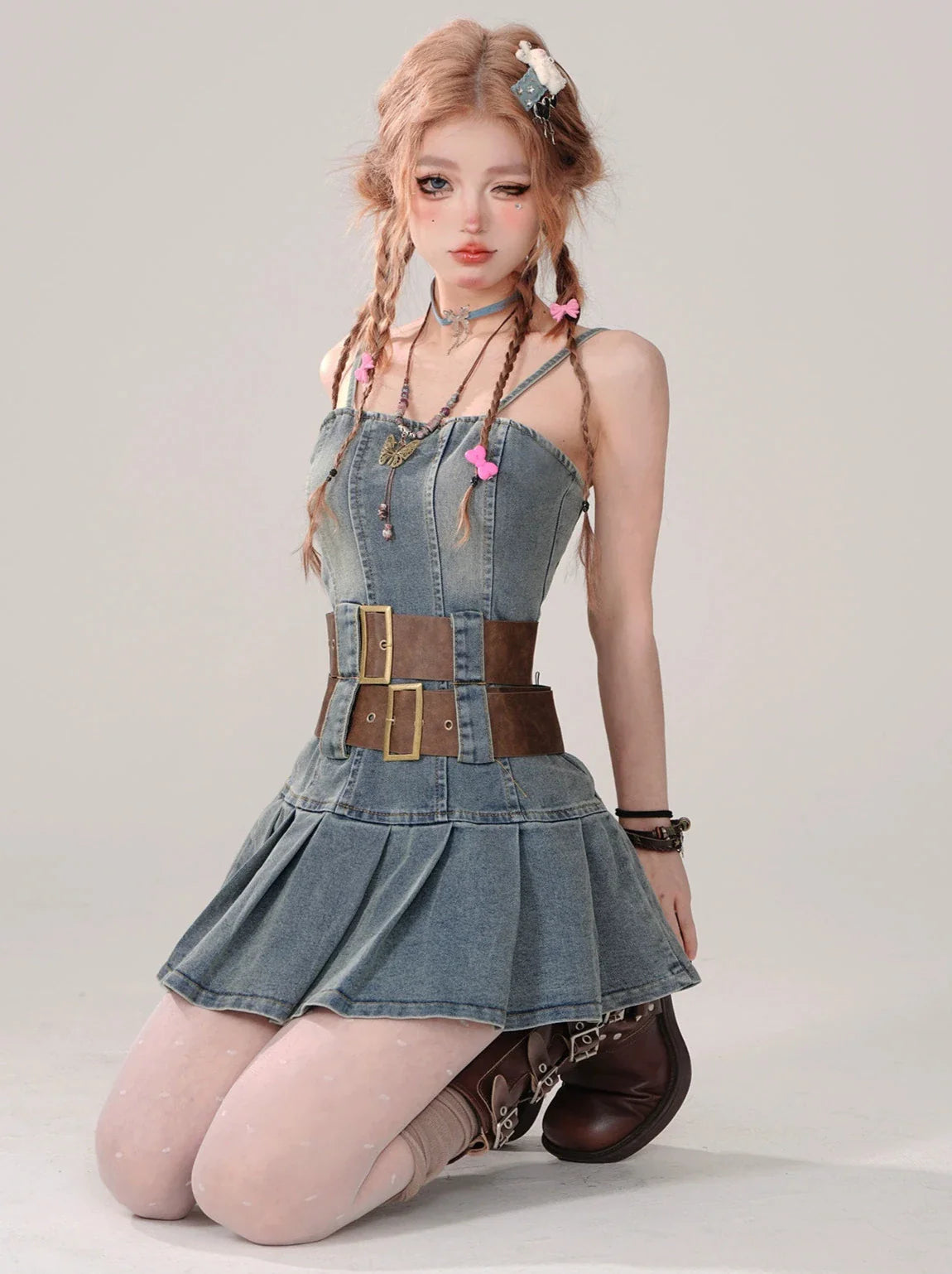 ホットなレトロデニムプリーツスタイルドレスガールサスペンダー