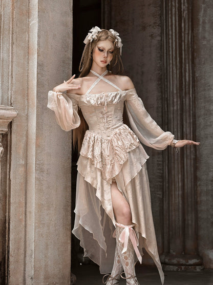 刺繍クロスランタンゴールドスレッドドレスバレエスリーブブロークンオフショルダー