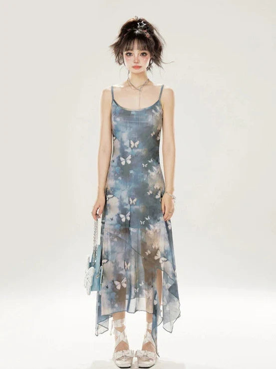イレギュラーなロングブルーサスペンダードレス バタフライシーサイド
