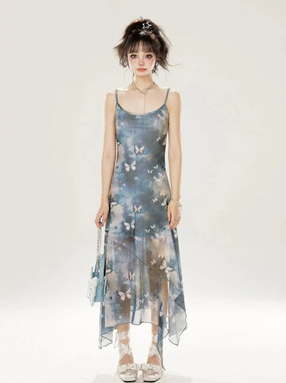 イレギュラーなロングブルーサスペンダードレス バタフライシーサイド