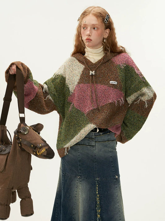 フード付きカラーレトロブロックニット