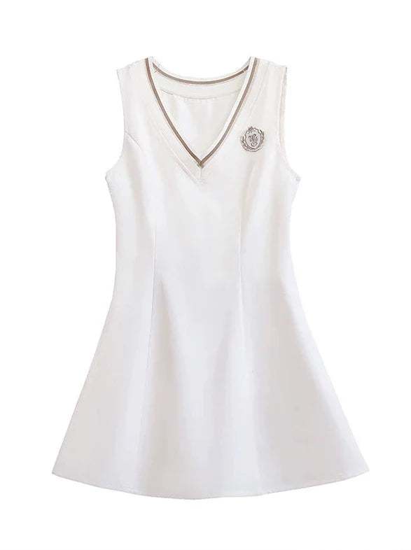 Stil Kleid Ärmel V-Ausschnitt Emblem Shirt Abzeichen Preppy Ribbon + Puff Rüsche