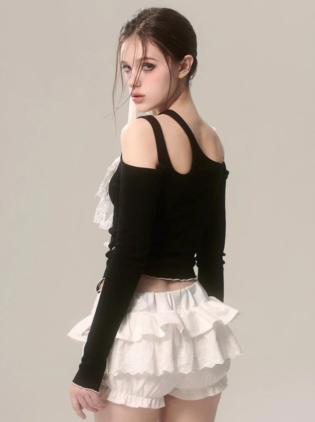 Asymmetrisches Top Off-Shoulder Faux Ribbon Lace Schwarz Zweiteiler