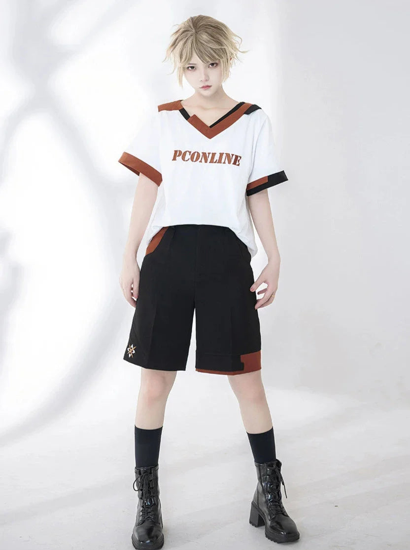Shorts T-Shirt White Embroidery Summer V-Neck