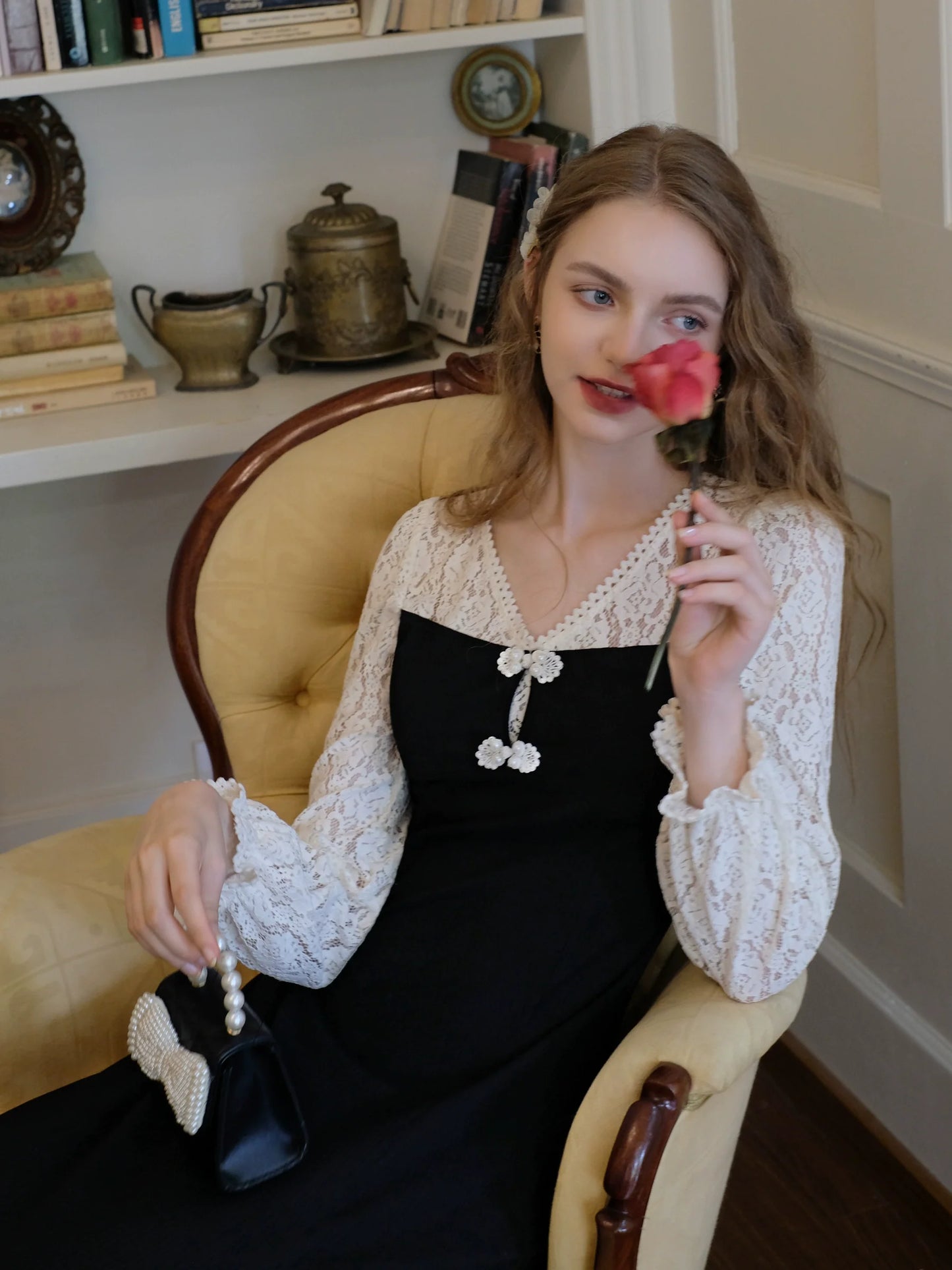 Black Splicing China Lace Dress Retro V-Neck