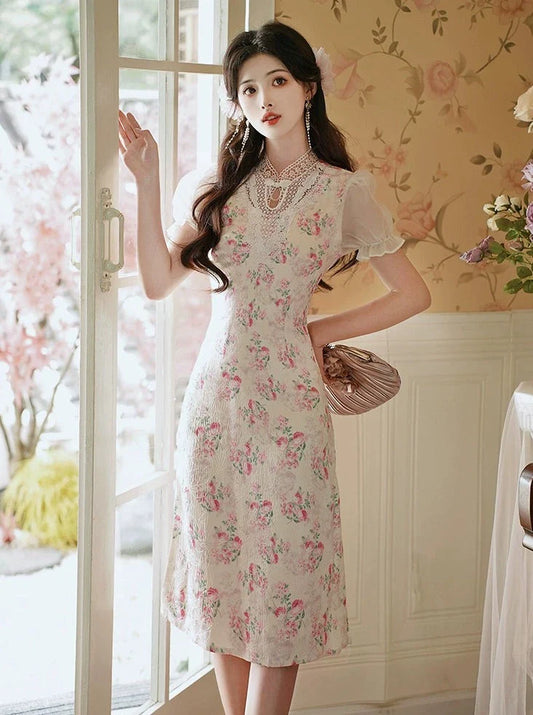 ピンキーガーリーフラワードレスレトロ