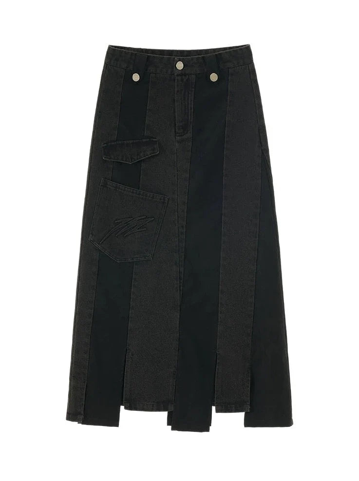 Schwarzer asymmetrischer Jeansrock aus Leder