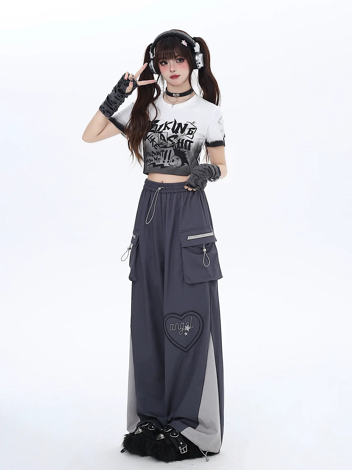 Drawstring Contrast Love Pants Color Cargo