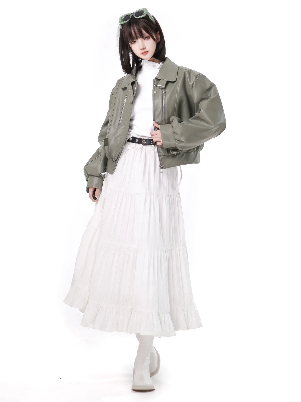 Fresh Green Silver Fox Bell Bet Leather Jacket Tops Skirt