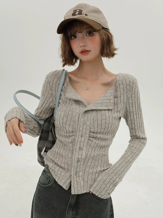 フラップニットカーディガン アメリカンカラー スリム