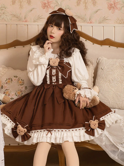 ロリータスリーブビッグサスペンダーボウパフブラウス+ベアロリータスカート