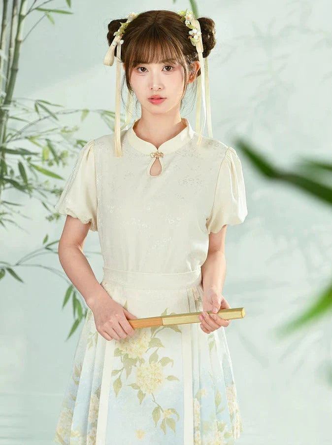 Chinese Shirt + Skirt + Jacquard Sleeve Vest Puff