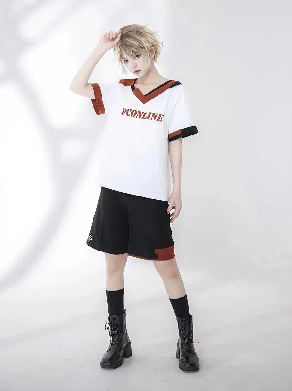 Shorts T-Shirt White Embroidery Summer V-Neck