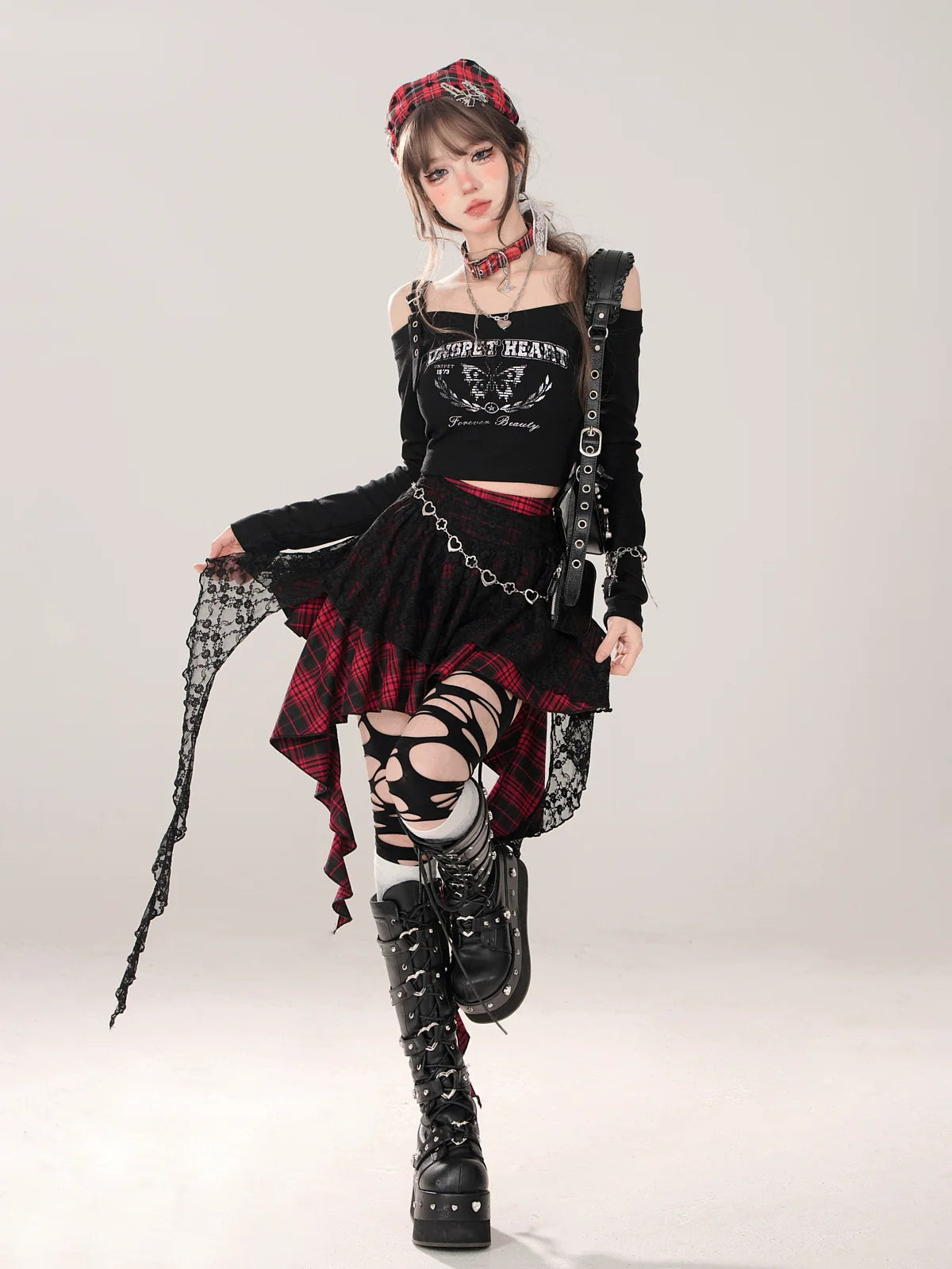 ショートTシャツ オフショルダー ロング スリム ブラック スリーブ