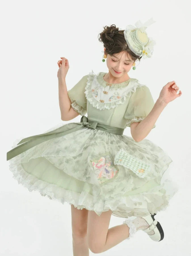 レース花柄ドレスドール スプライシングミント