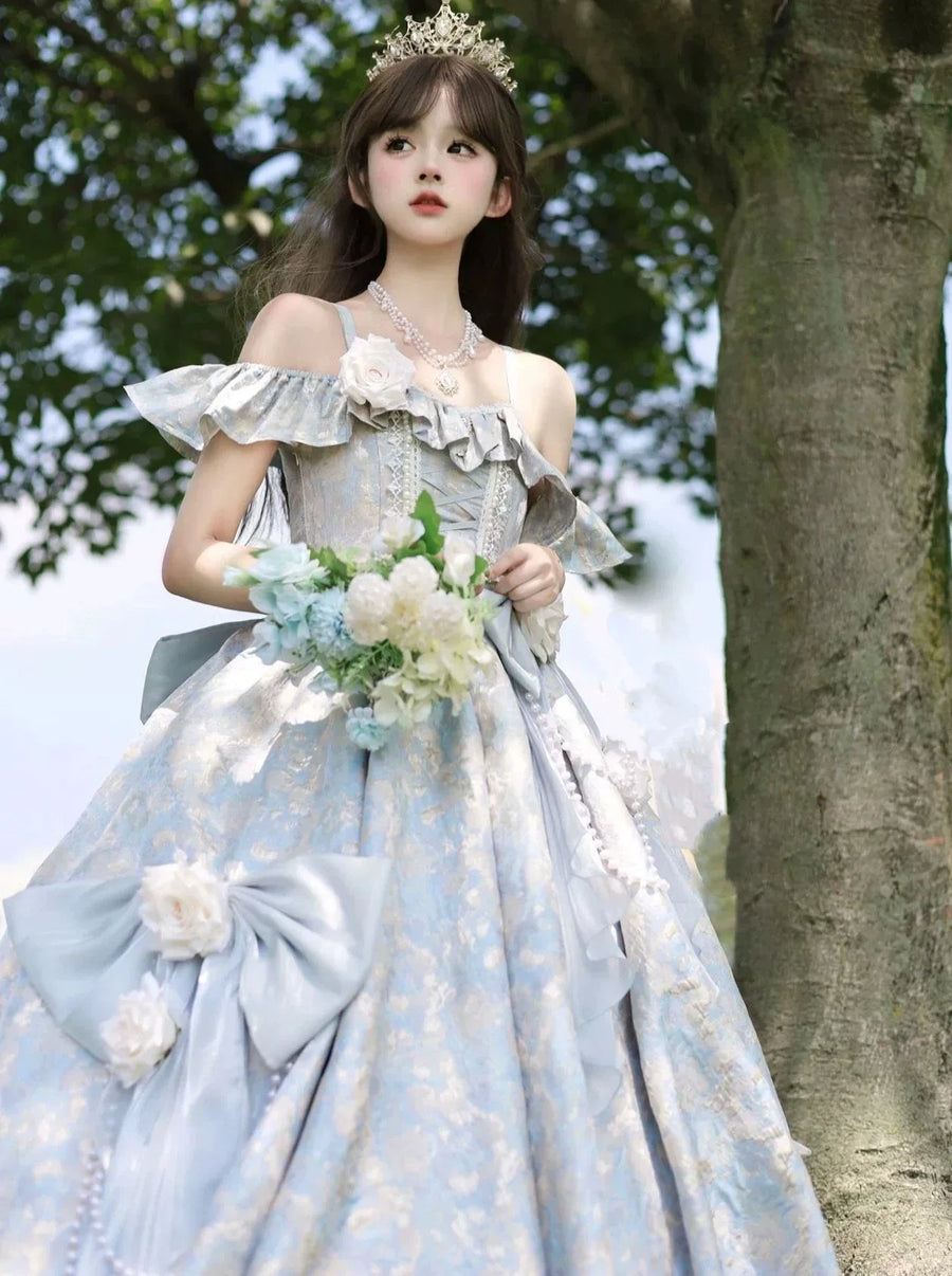 Robe de mariée bleue longue à fleurs style lolita