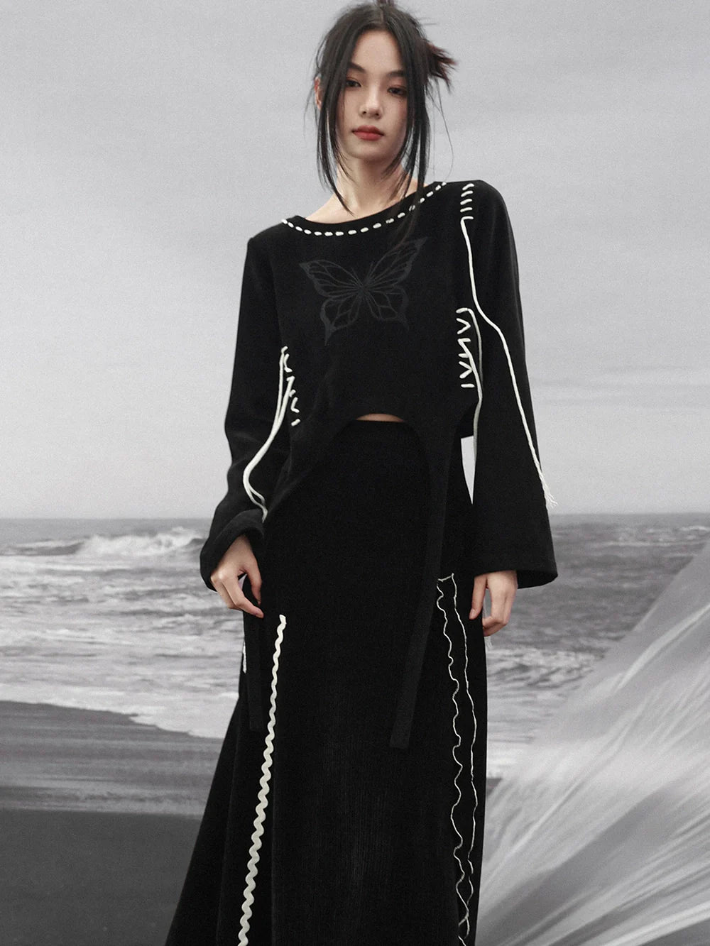 Sweatshirt Design Kurz Schmetterling Strappy Schwarz