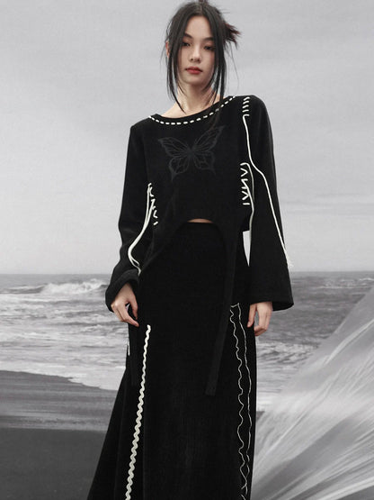 Sweatshirt Design Kurz Schmetterling Strappy Schwarz