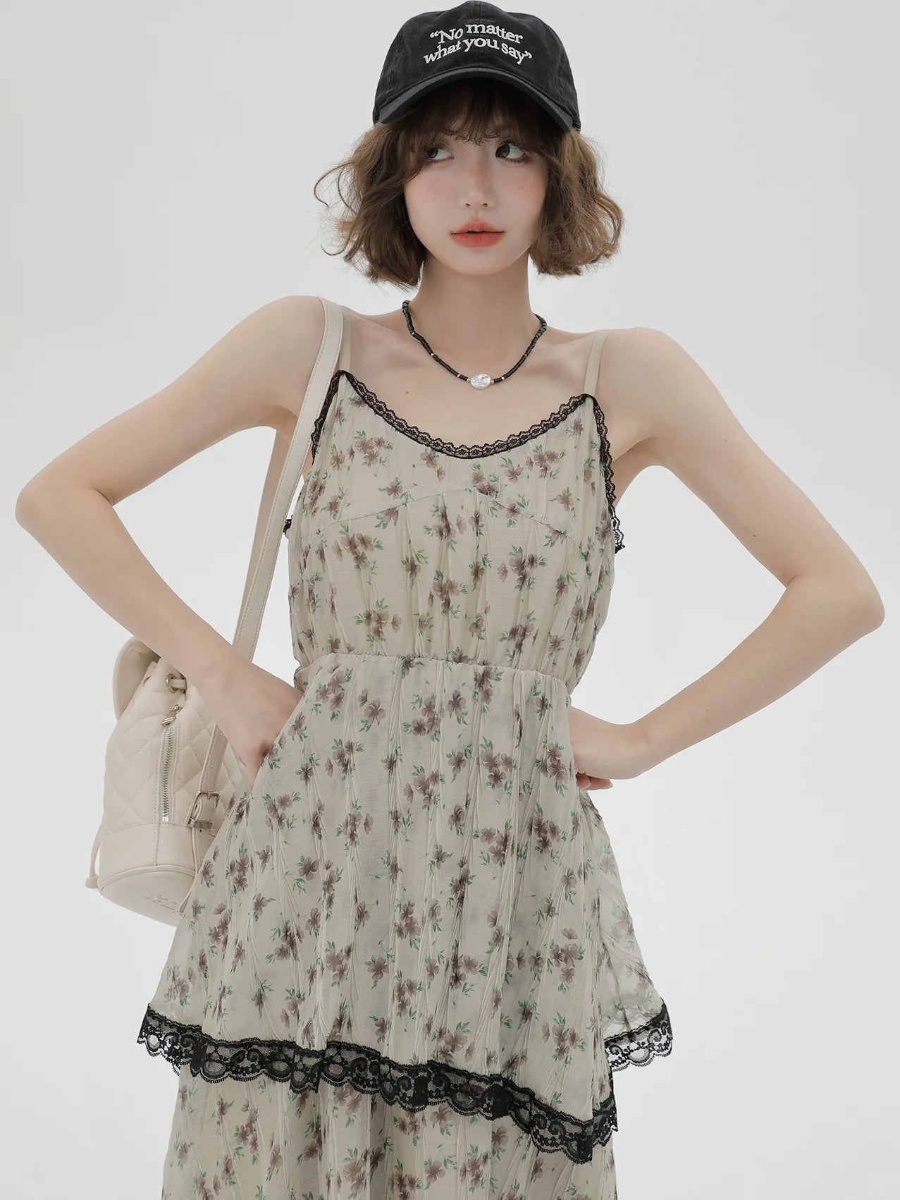 ドレス プリント サスペンダー ティアード フローラル レース